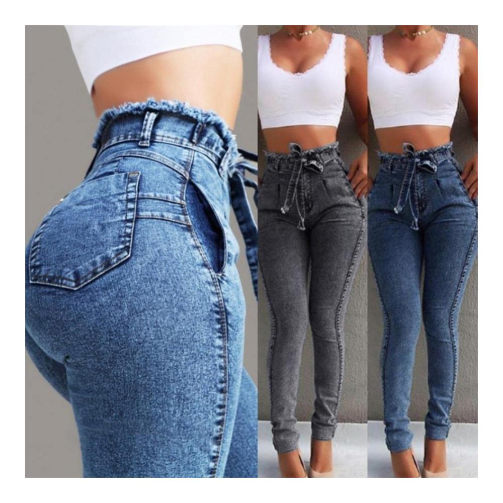 High-Waist Plus Size Jeans für Damen - Stretch Denim Skinny Pants mit Gürtel Lange Hosen in modischer Passform