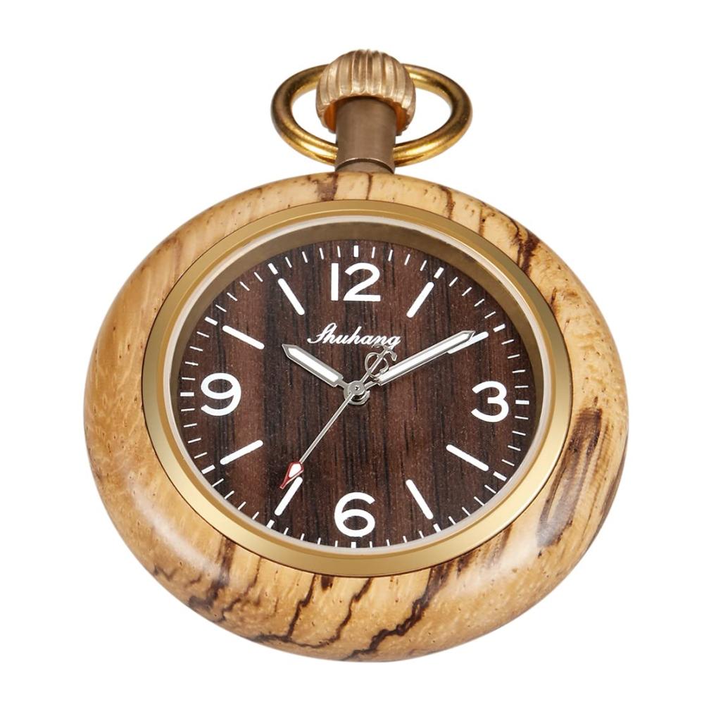 Handgefertigte Holz-Taschenuhr mit 37 cm langer Kette - Römisches & Digitales Zifferblatt Quarz - Für Damen und Herren