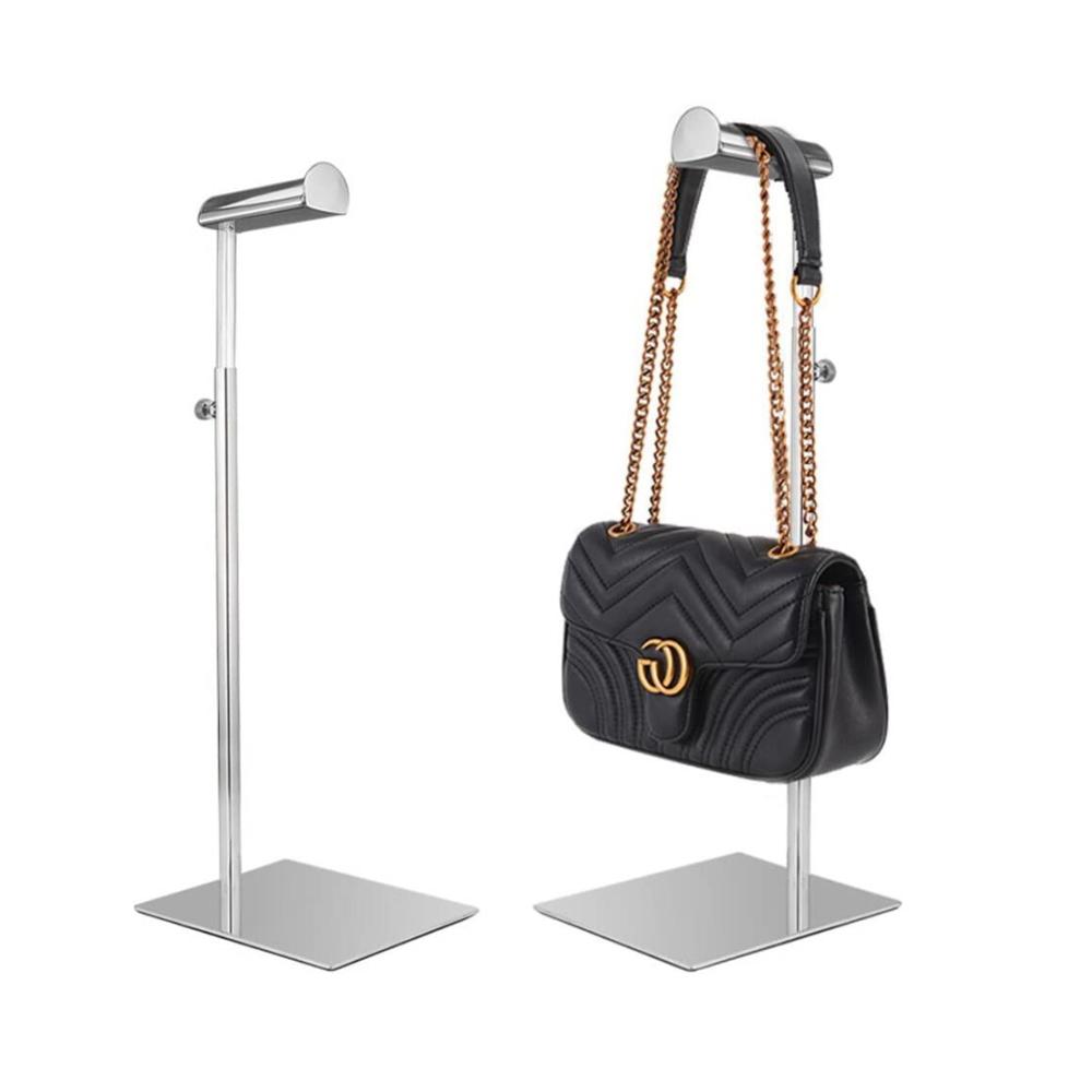 Metall Schmuckständer und Geldbörsen-Display Set aus 2 Handtaschen-Ständern mit poliertem Design einstellbarer Höhe und einzelnen Haken. Silberfarbener Taschenständer für Boutique-Stores – Organisieren Sie Ihre Handtaschen stilvoll