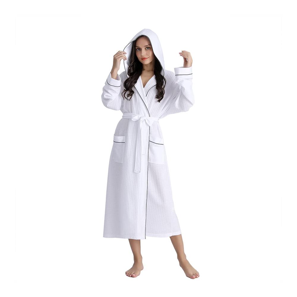 Bademantel Damen – Leichter Lang Morgenmantel mit Kapuze Waffelstruktur Saunamantel Unisex Kimono Robe