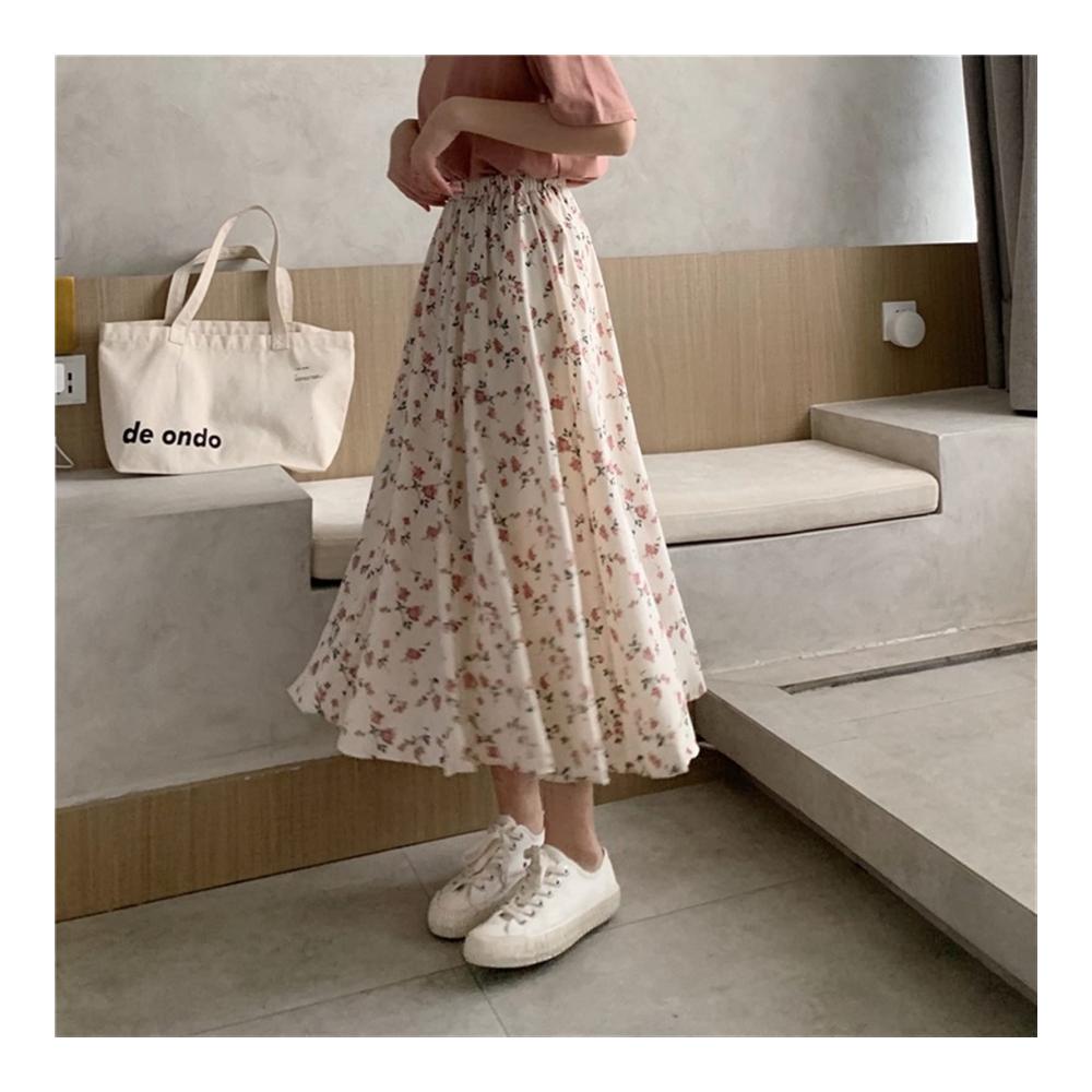 Vintage Blumendruck Maxi Rock - A-line Plissee Sommerrock für Damen Koreanischer Streetwear Midi Rock mit Kordelzug und elastischer Taille