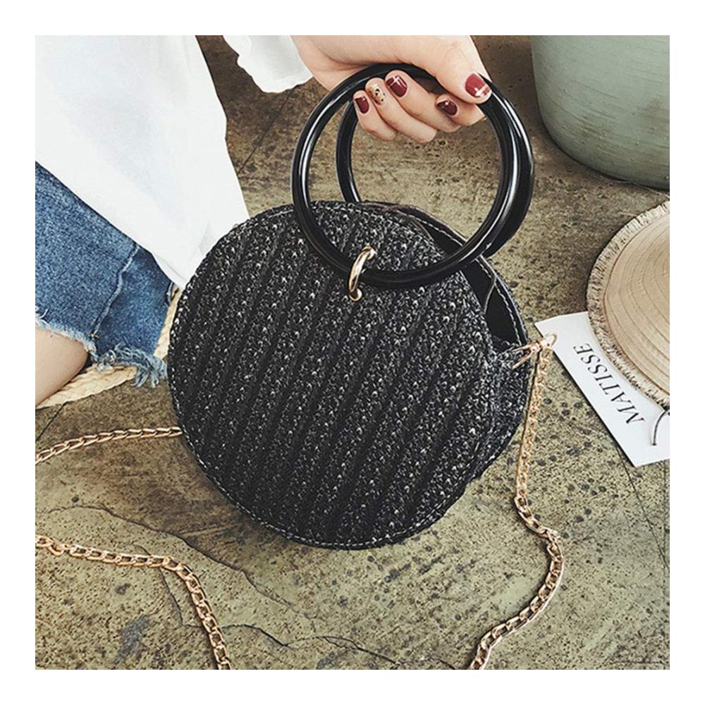 Boho Sommer Runde Stroh Strandtasche - Handgefertigte Rattan Umhängetasche mit Kreisgriff in Khaki für Frauen - Ideale Begleitung für Reisen und Urlaub
