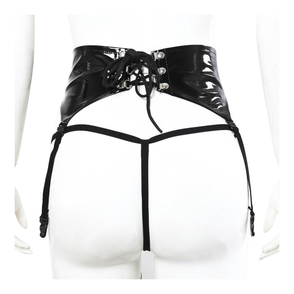 Strumpfgürtel Set Verführerische Schwarz Sexy Dessous mit Wet-Look Lack Leder - Damen Strumpfbänder & Strumpfhalter für Nachtclub Party und mehr