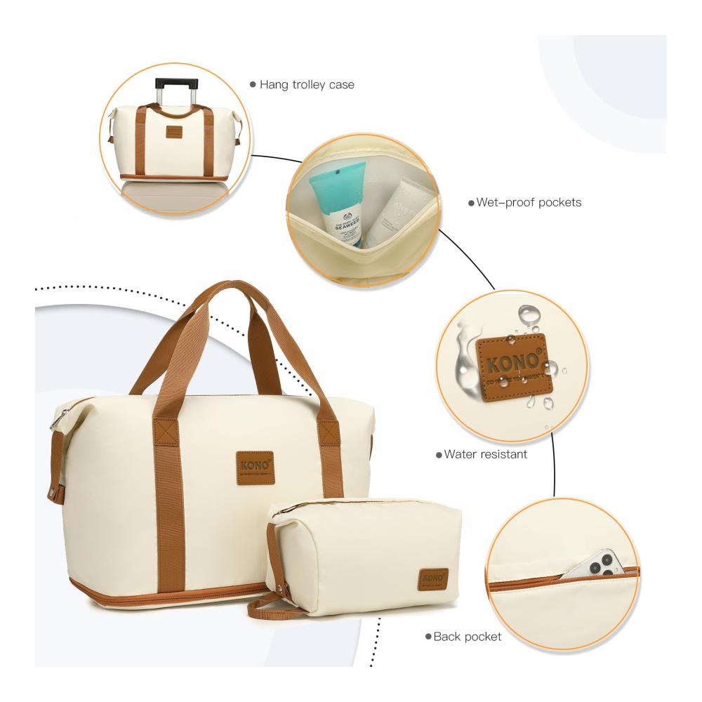 KONO Hartschalenkoffer Set - 3-teiliges Reisekoffer Ensemble (65 cm) mit Leicht Reisetasche und Kulturbeutel Mittelgroßes Gepäck-Set in Weiß/Braun