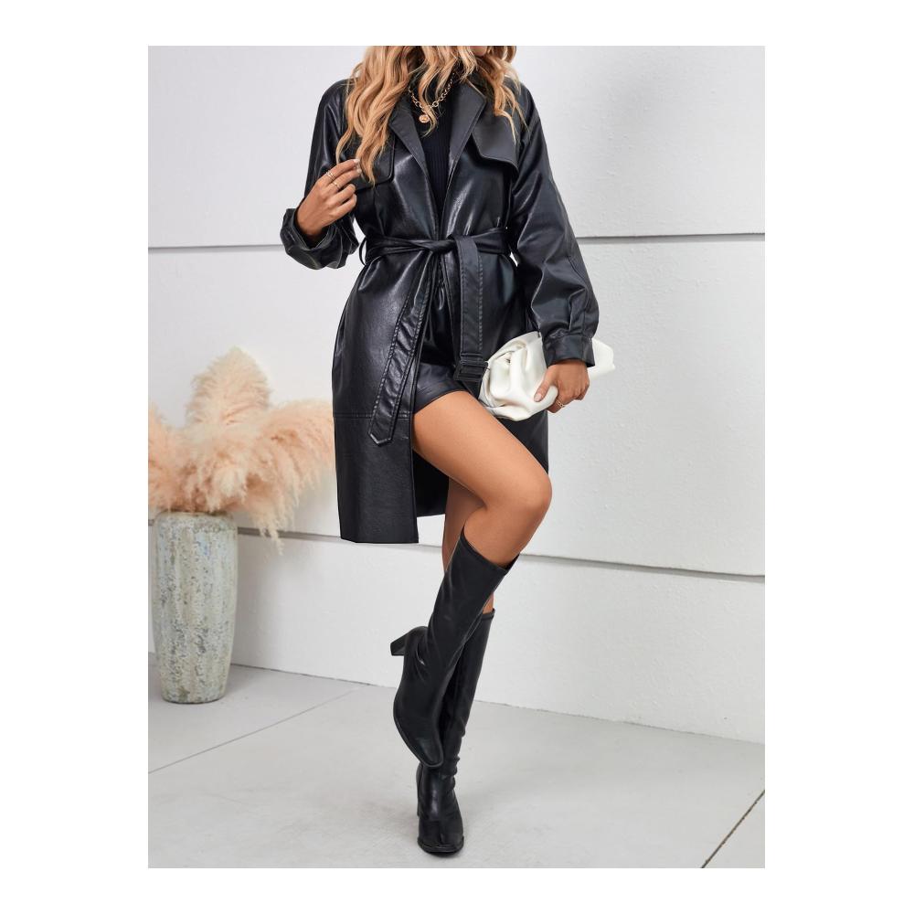 Trenchcoat Damen Eleganter PU-Lederjacke in Schwarz Mittellang mit Schnürrevers