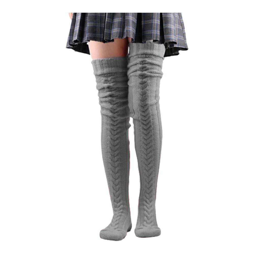 Langgestrickte Wolle Damen Kniestrümpfe - Über dem Knie 335 Zoll - Winter Hellgrau