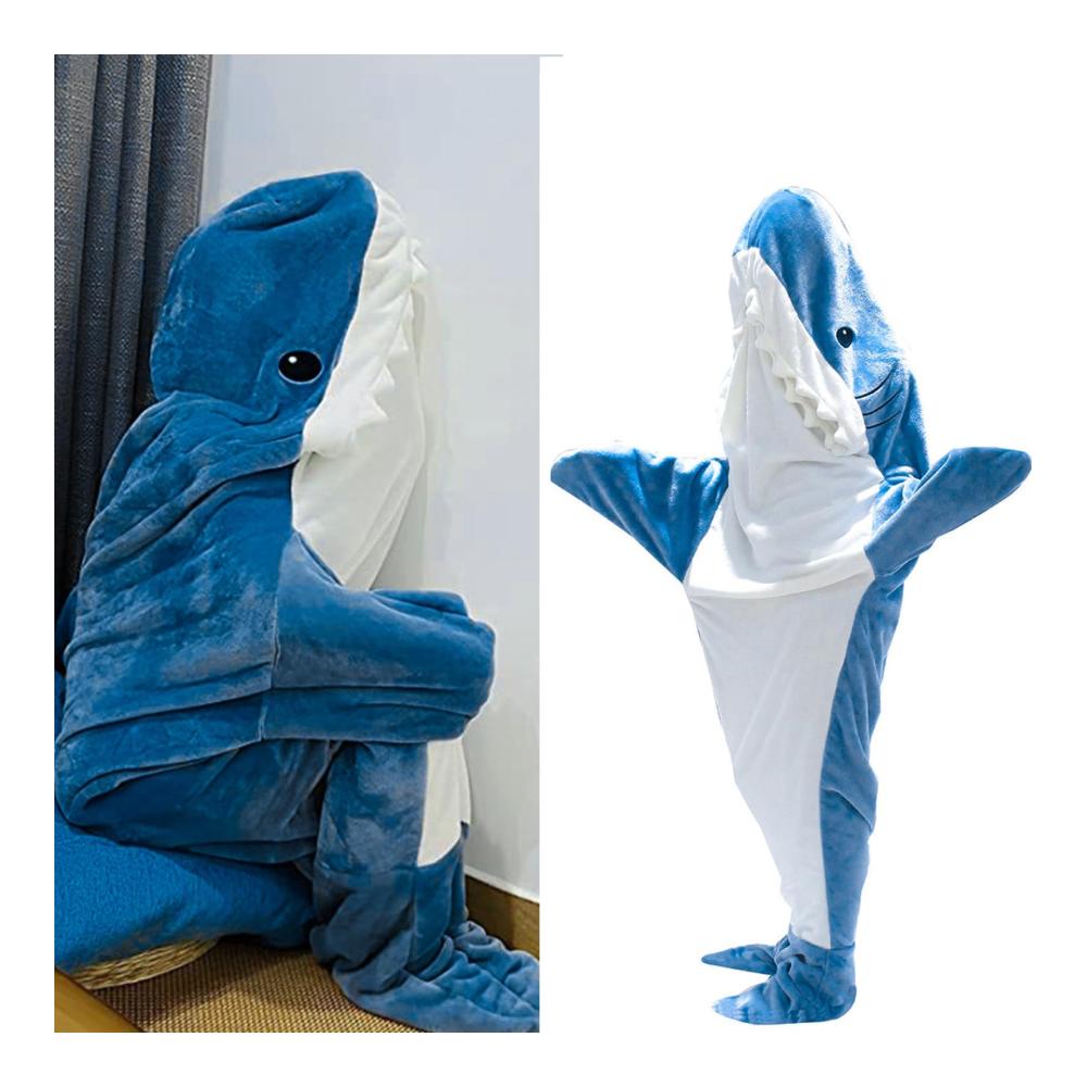 Decken Hai Schlafsack - Kuscheliger Flanell-Hoodie für Kinder & Erwachsene Tragbare Shark Blanket Hoodie in Blau für Teenager & Hai-Liebhaber - Ideal für Cosplay Pyjamapartys & Shows