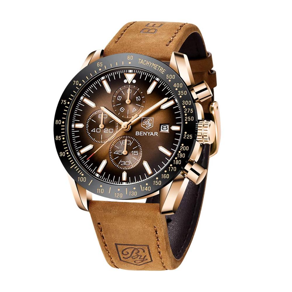 BENYAR Herren Armbanduhr - Chronograph Quartz Wasserdicht Business Design Schwarz/Blau Zifferblatt Braunes Lederarmband