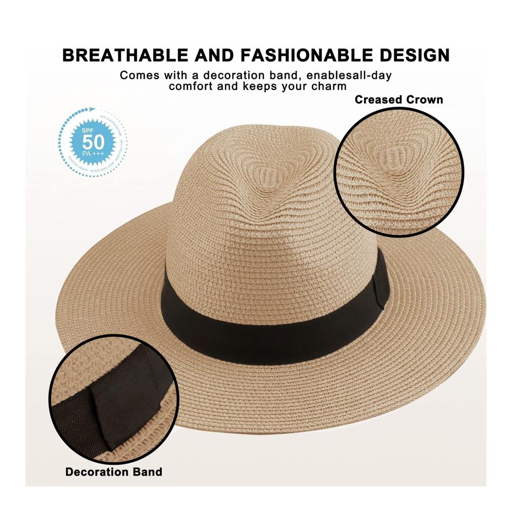 Panama Hut Sommer Strohhut für Herren und Damen - Rollbarer Fedora mit UV-Schutz A-Beige-FK L
