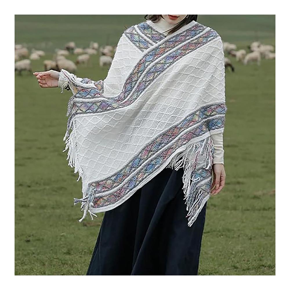 Damen Strickponcho im Ethnostil mit Quasten - Herbst-Winter Cape & Retro Pullover