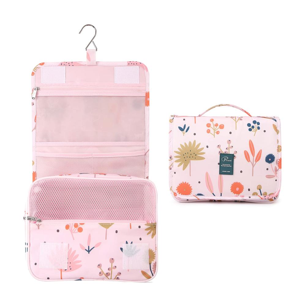 Hängende Damen Kulturtasche - Wasserdichter Organizer für Reisen Koffer & Handgepäck - Floral Pink Design