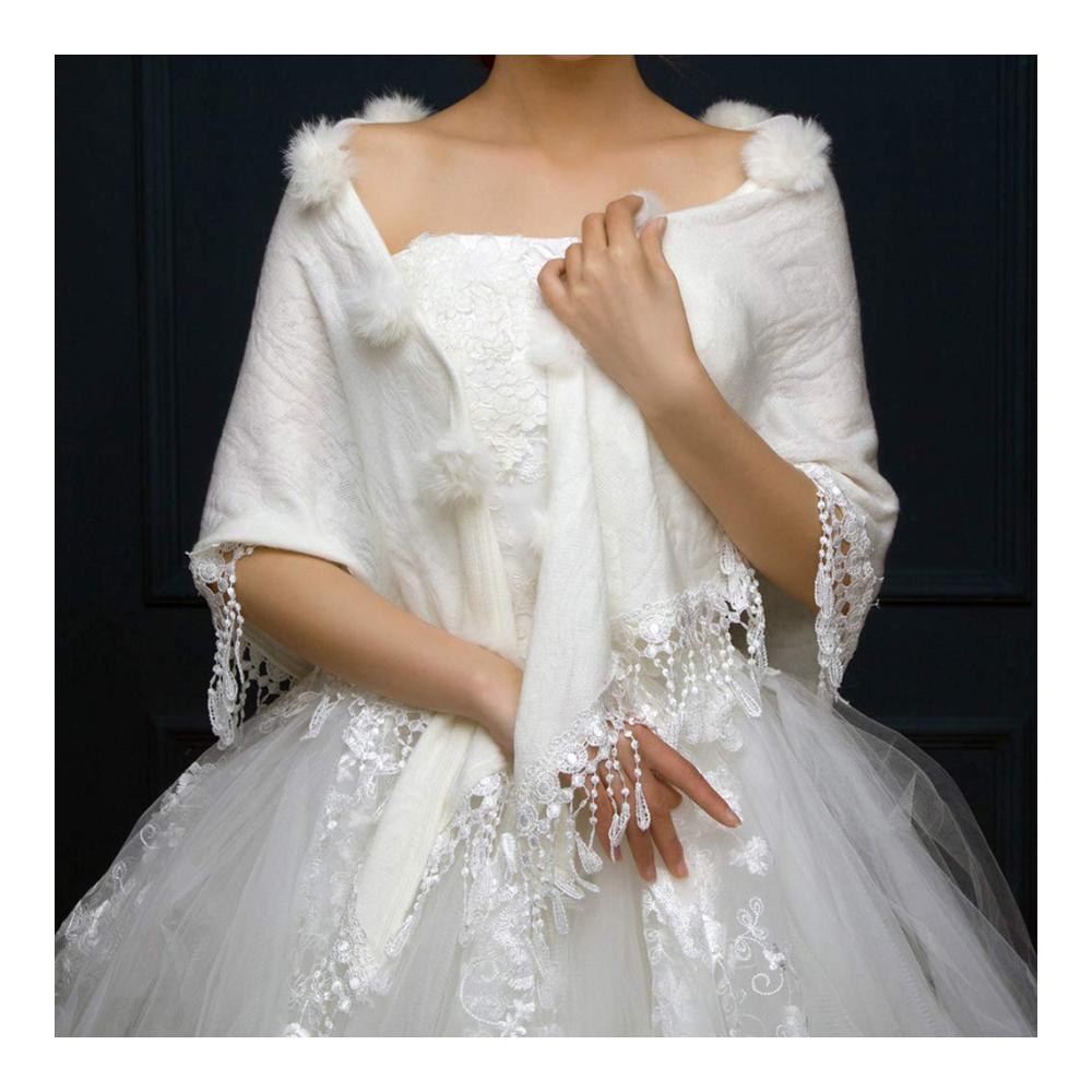 Winter Hochzeitsschals mit Pompom Quaste - Damen Umschlagtücher und Schals für die Braut Dreieckige Hochzeitsjacken für elegante Wärme