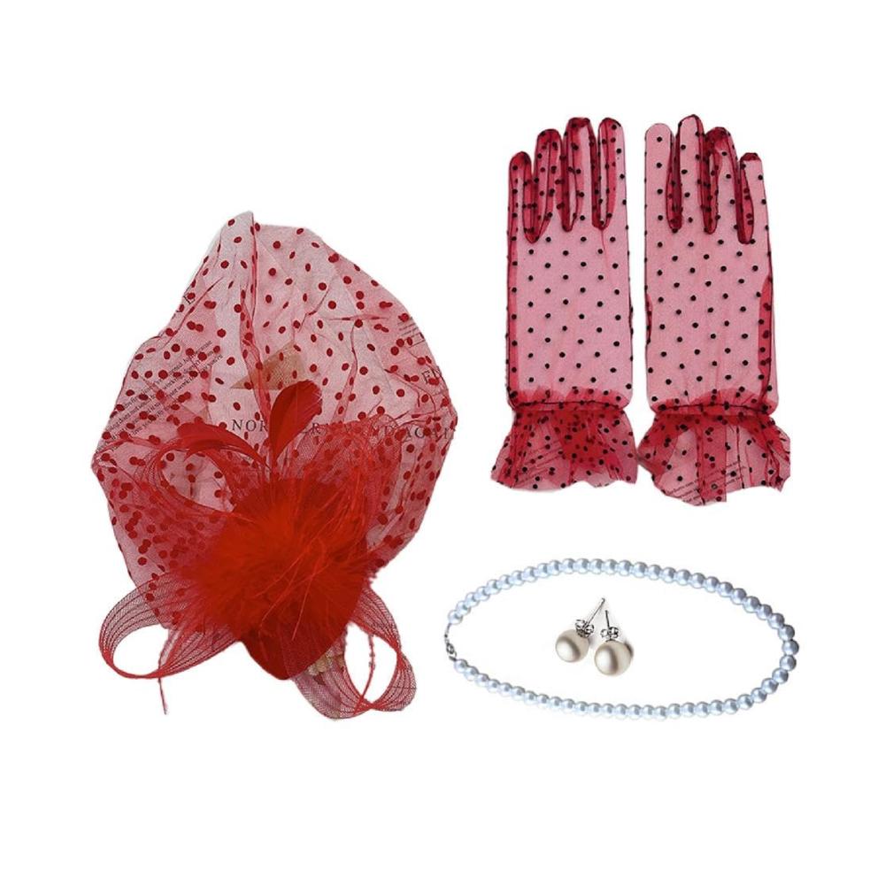 Faszinierende Damen Kopftücher im 2/4er Set – Federn Netzbänder und stilvolle Fedoras für Cocktail Tea Party & mehr. Inklusive eleganter Netzhandschuhe in voller Länge für Damen in Schwarz Weiß und Rot
