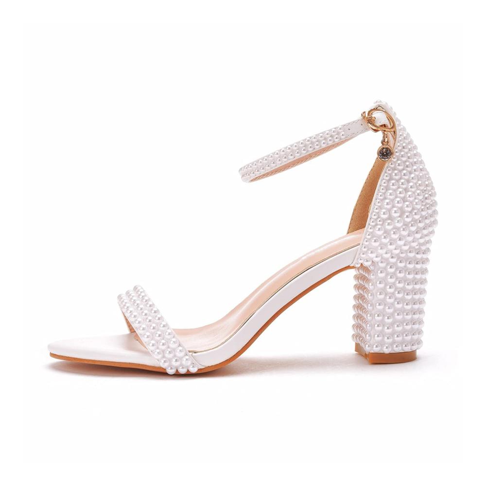Brautschuhe Damen Elegante Perlen-Sandalen mit Blockabsatz für Abend und Hochzeit