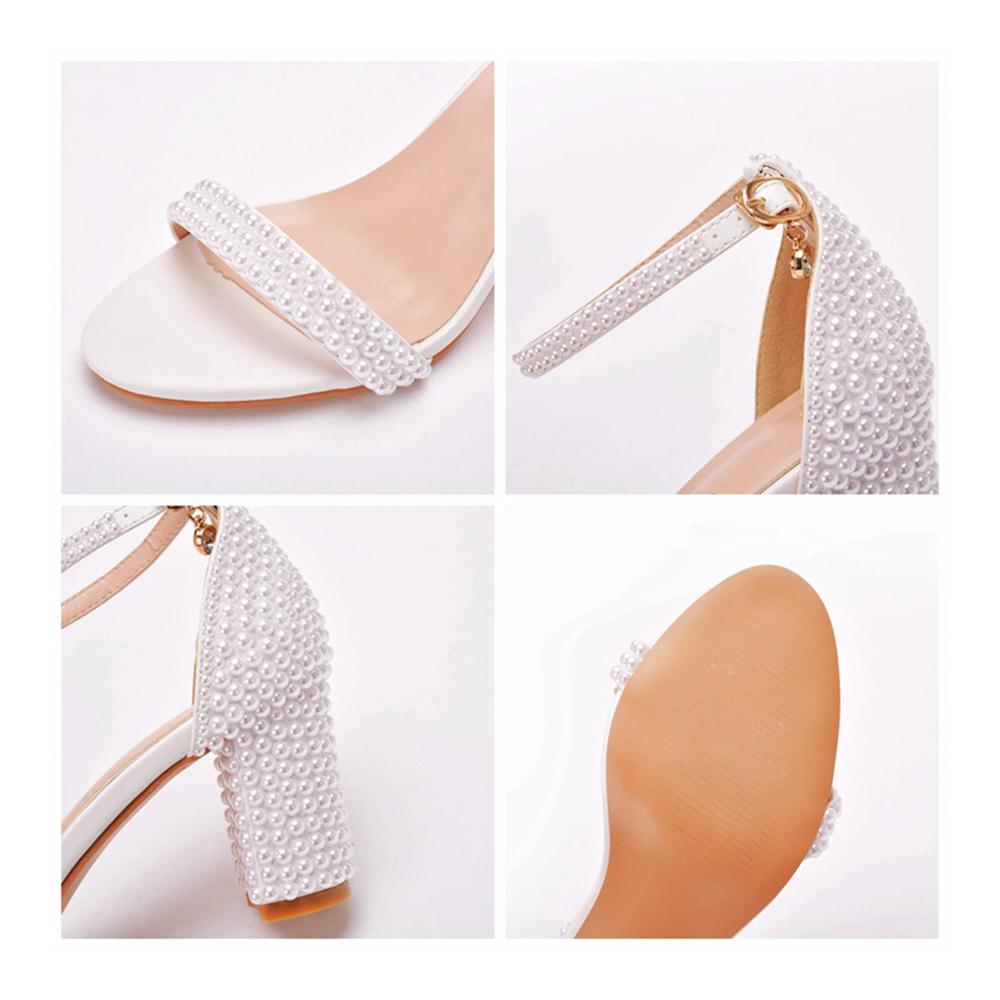 Brautschuhe Damen Elegante Perlen-Sandalen mit Blockabsatz für Abend und Hochzeit