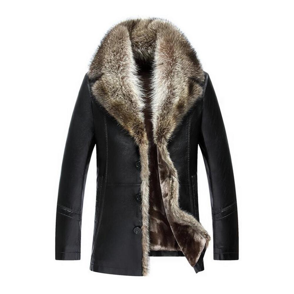 Luxuriöser Herrenmantel mit weichem Waschbär Pelz-Kragen Faux-Leder Winterparka