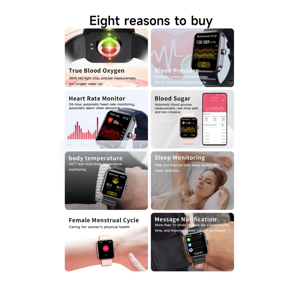 Fashion Smartwatch mit schmerzfreier Blutzuckerüberwachung | Bluetooth-Herzfrequenz Körpertemperatur Blutdruck Sauerstoffmessung | Sportuhr für Männer und Frauen (Gold