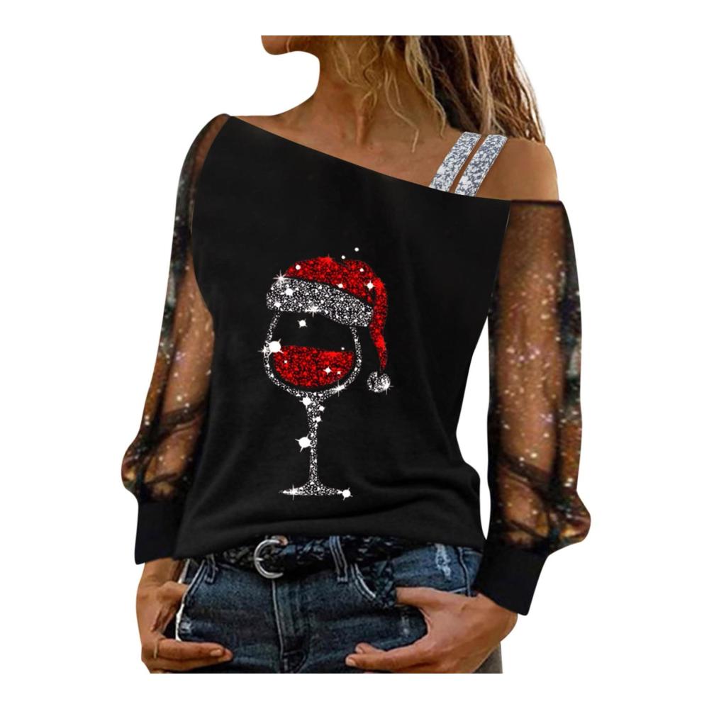 Langarmshirts Damen Bluse mit Glitzer und Spitze - Sexy Schulterfrei Shirt für Frühling und Sommer - Damen Langarm Sweatshirt als Elegant Streetwear - Tunika Tops mit Hemdblusenstil