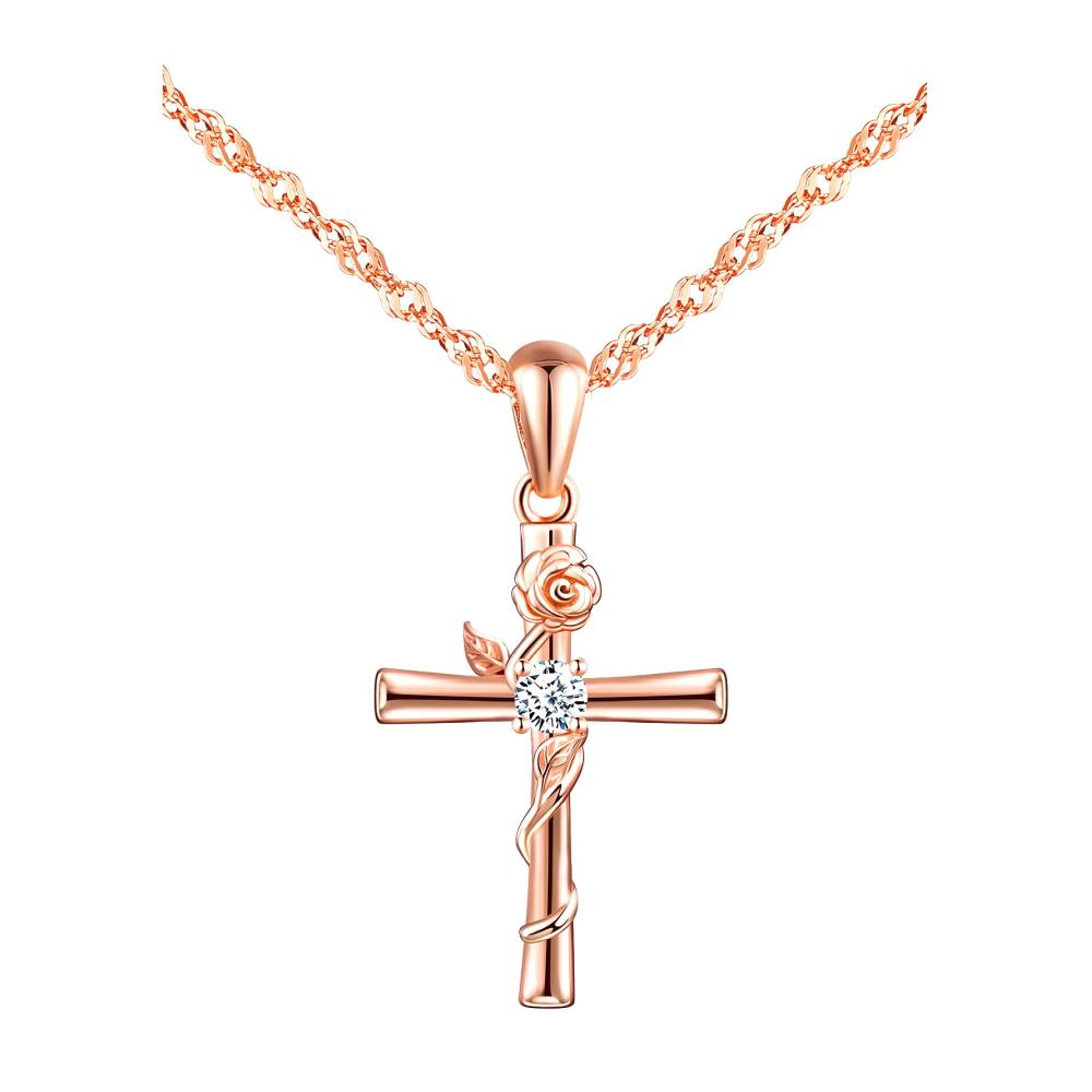 Exquisites Schmuckset Roségoldene Blumen Kreuz Anhänger Halskette und Ohrstecker in 925 Sterling Silber für Damen – Elegantes Damen Schmuckset mit 45cm Kette
