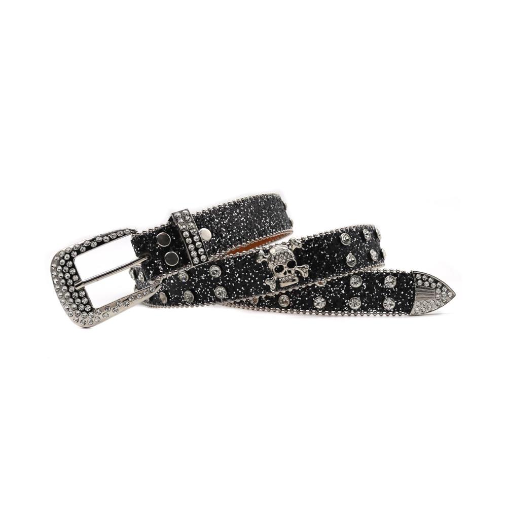 Cowboygürtel Y2k Silbergürtel mit Strass Totenkopf und Persönlichkeit – Westerngürtel für Hip Hop und Punk Style (Schwarz 105cm