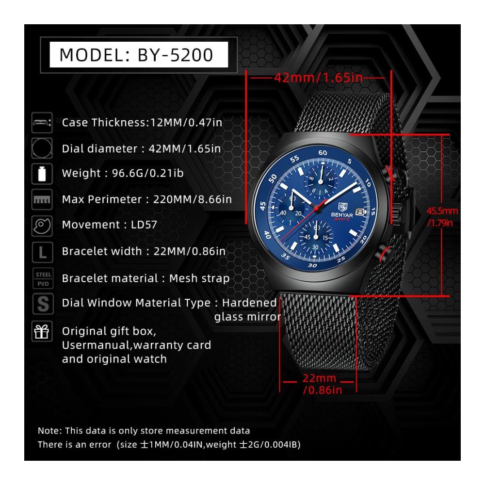 BENYAR Herrenuhr BY-5200M - Militäruhr mit Mesh-Armband Analogem Quarzwerk Business Datum Wasserdicht - Ideales Herrengeschenk