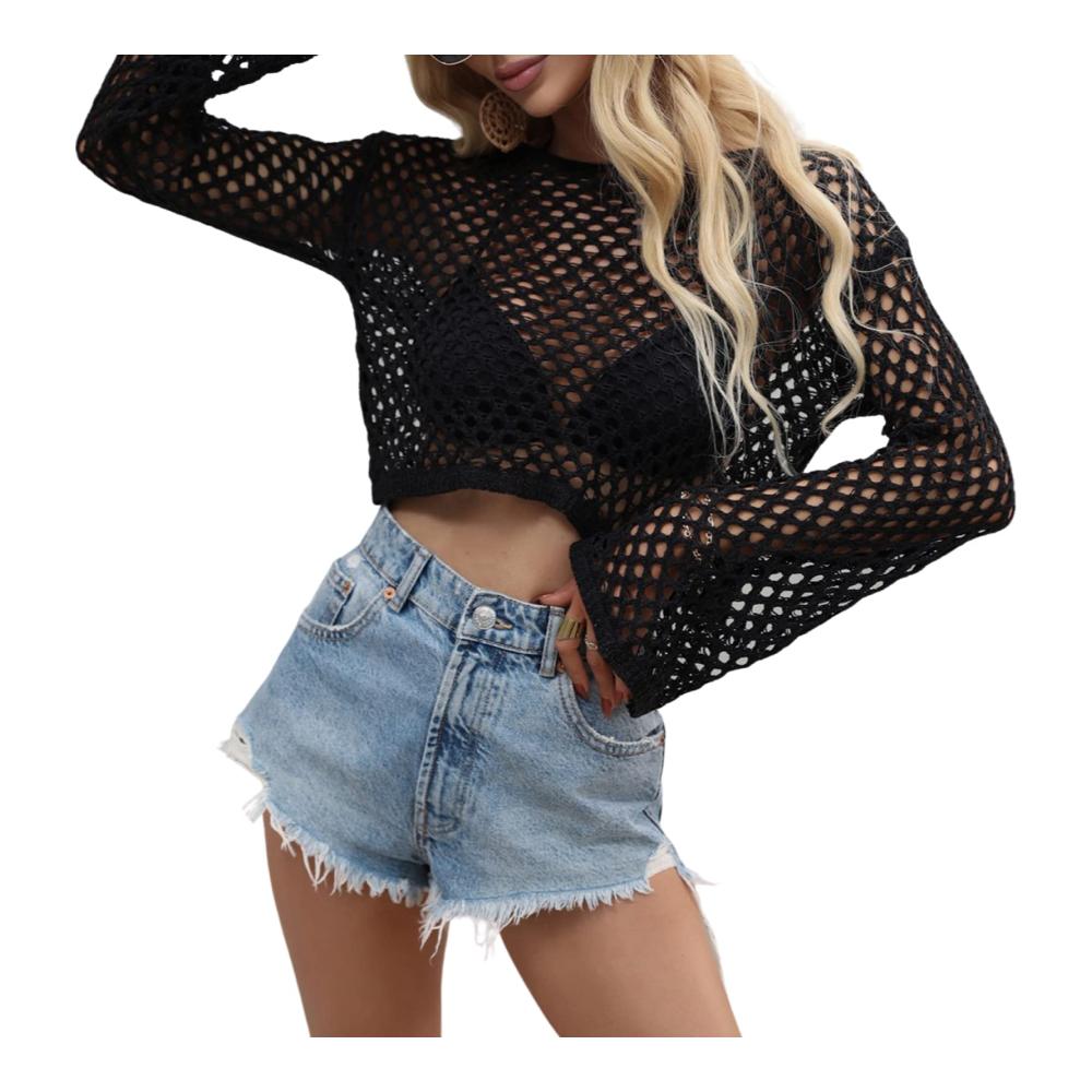 Häkel-Strickpullover Damen Langarm Crop Top mit Hollow Out Design - Y2K Aesthetic Sexy Pullover Vintage Stil - Elegant und Modisch für Frauen und Mädchen