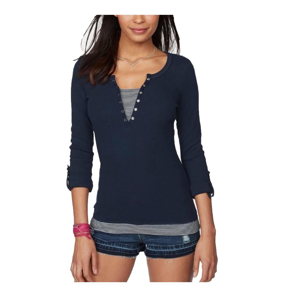 2-in-1 Damen Langarmshirt Bluse & Tunika mit Zierknopfleiste Turn-up Ärmeln und stilvollem Design