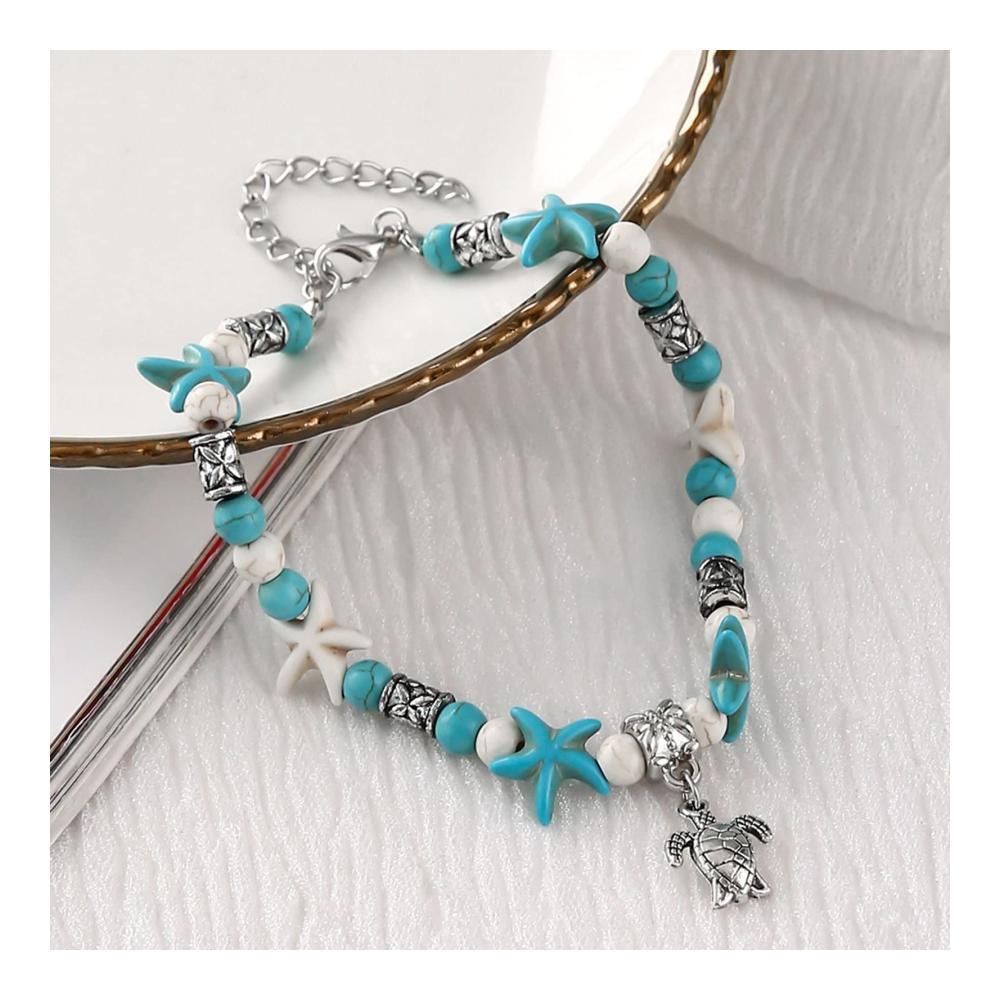 Boho Fußkettchen-Set Schildkrötenanhänger Ring- und Perlenanhänger passende Ringe Mond Bettelarmband
