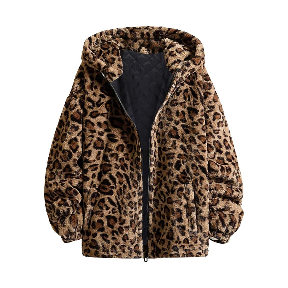 Leopard Fuzzy Fleece Damen Kapuzenjacke - Stilvolle Winterjacke mit Reißverschluss und Tasche