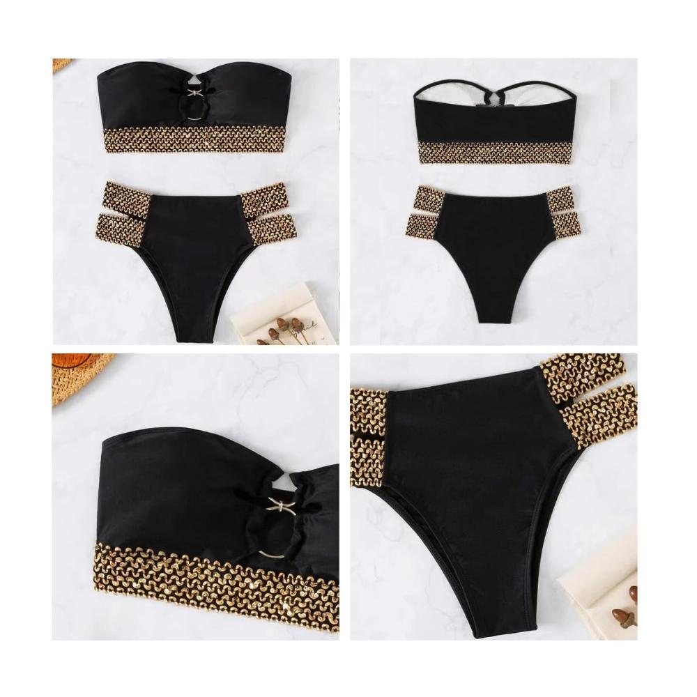 Damen Bikini-Set Trägerloser Zweiteiler mit Cut-Out Push-Up High Waist - Sexy Bademode für Damen