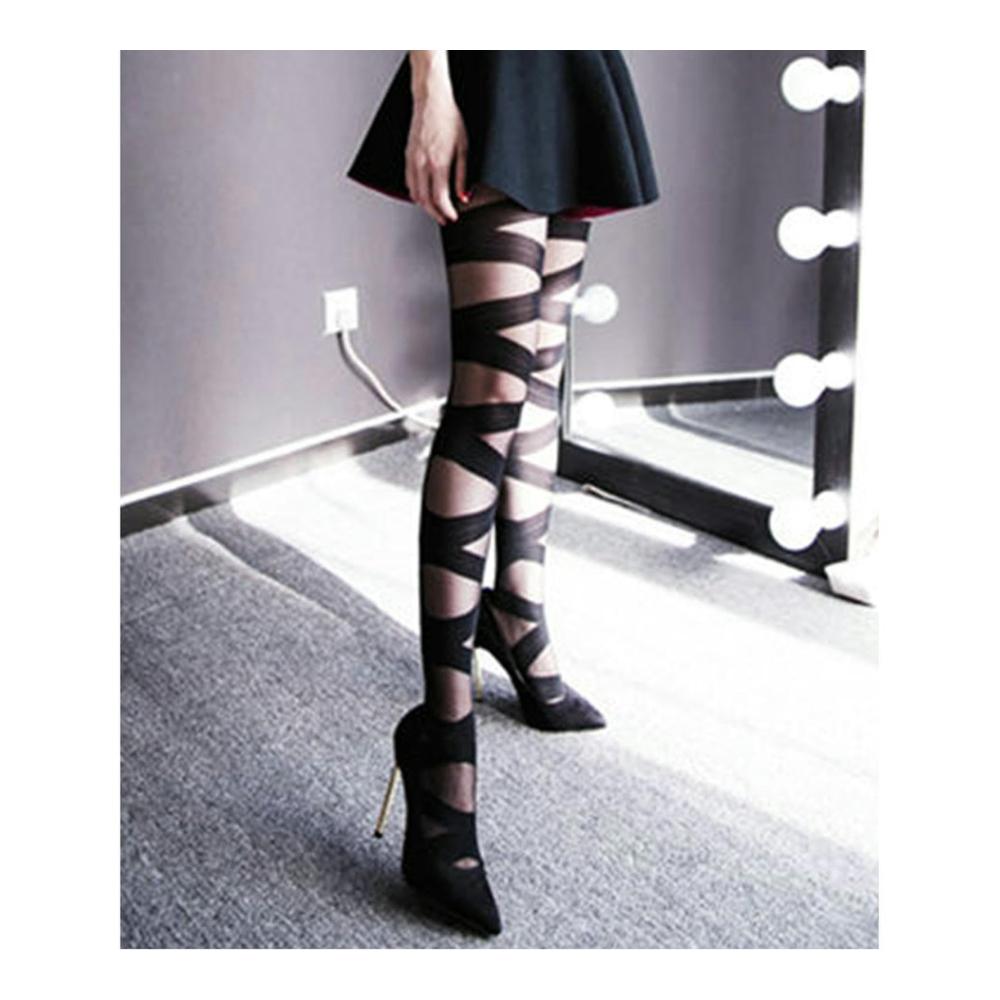 Goth-Rocker Damenstrumpfhosen mit Kreuzbandage elastisch und solide in Schwarz - Modeaccessoire mit Straps für Damenstrümpfe
