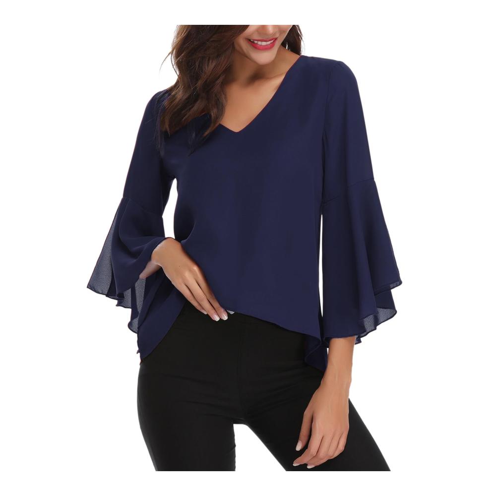 Damen Chiffon Bluse mit Volantärmeln - Elegante 3/4-Arm Tunika Festlich mit V-Ausschnitt und Trompetenärmeln