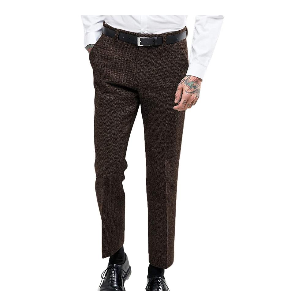 Hoch taillierte Vintage Herringbone Tweed Anzughose für Herren - Wolle Slim Fit Hose für Hochzeit und Trauzeugen
