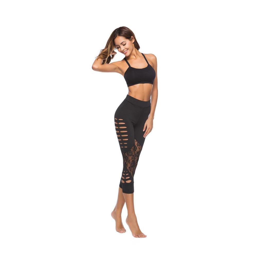 High Waist Yoga Leggings - Damen Fitnesshose 3/4 Länge Spitzen Jogginghose mit Push-Up Effekt - Elastische Gym Workout Tights für Frauen