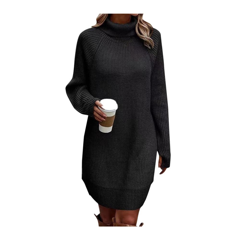 Herbst Winter Damen Rollkragenkleid | Knielanges Strickkleid mit Langarm | Warmes Einfarbiges Pulloverkleid | Freizeit Strick Sweater für kalte Tage