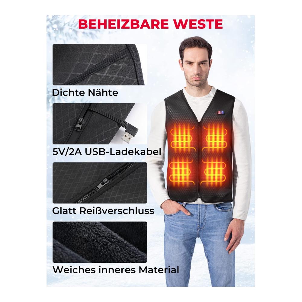 Beheizbare Herrenweste mit 8 Heizzonen 3 Wärmestufen USB Elektroheizung - Ideal für Ski Angeln Motorrad und Outdoor-Aktivitäten (Ohne Akku