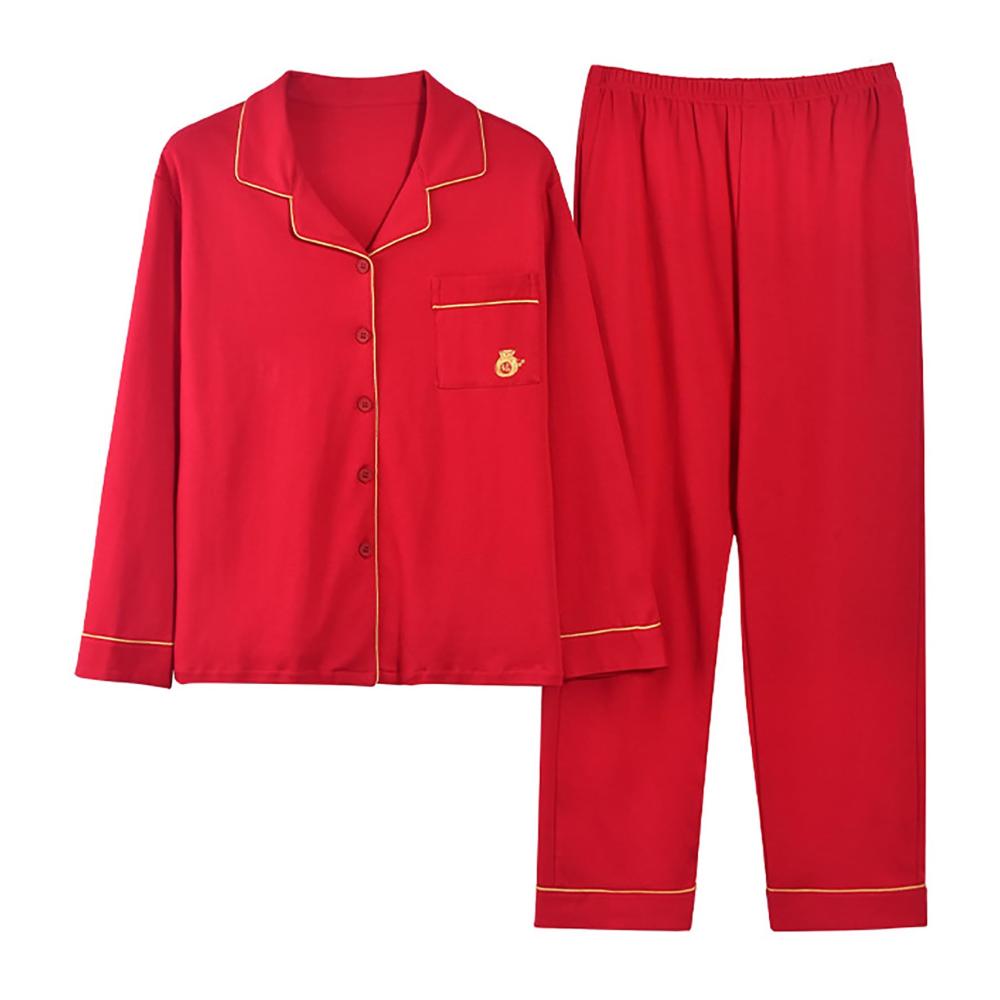 Damen Baumwoll-Schlafanzug Set | Winter Pyjama in Rot | Langärmelig mit Flauschiger Wärme | Lange Hose und Zweiteiliger Anzug | Hauskleidung mit Taschen | Nachtwäsche in Größe L