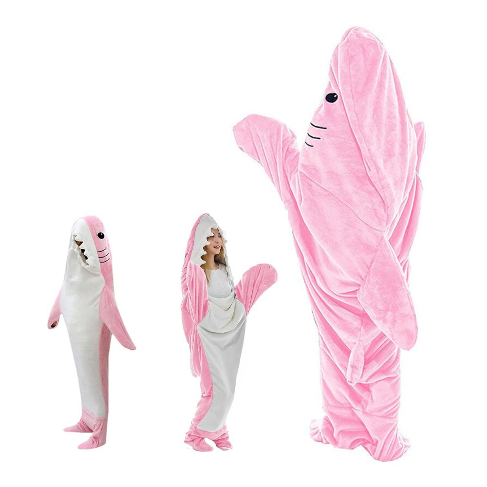 Haidecke 2023 - Flanell Sofa Kuscheldecke und Hoodie in einem! Tragbarer Shark Blanket Hoodie für Teenager & Erwachsene Hai-Liebhaber (Pink XL