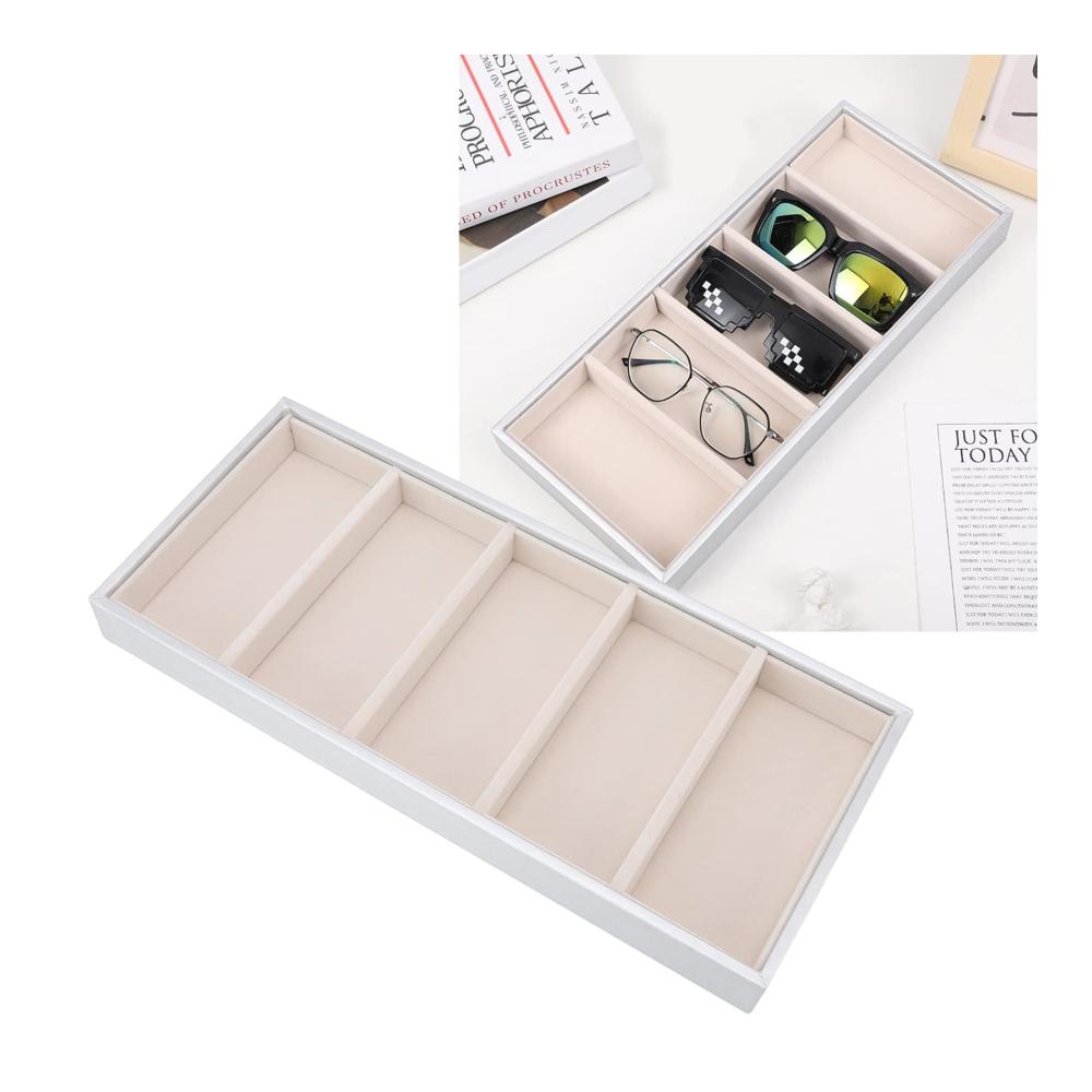 Brillenetui Organizer für Sonnenbrillen mit 5 Fächern Leder Aufbewahrungskoffer - Sbox Gläser Tablett für Damen und Herren (Silber Grau