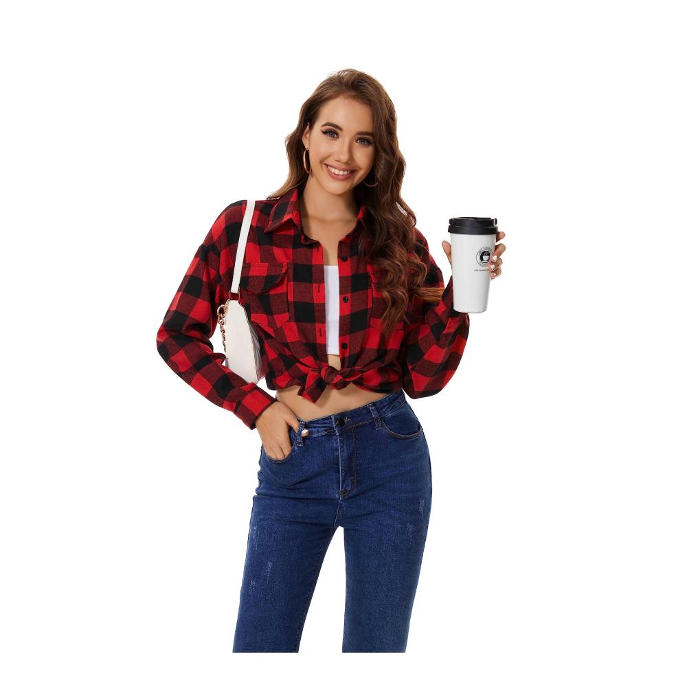 Kariertes Damen Hemd - Baumwoll Flanellbluse Holzfällerhemd mit Knöpfen Langarm Karohemd für Oktoberfest & Alltag