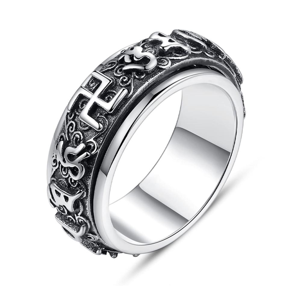 Herrenring im Retro-Stil aus 925er Sterling Silber mit Vajra Stößel Mantra-Schnitzerei und Spinner-Funktion - Edelstahl Herz Krone Design