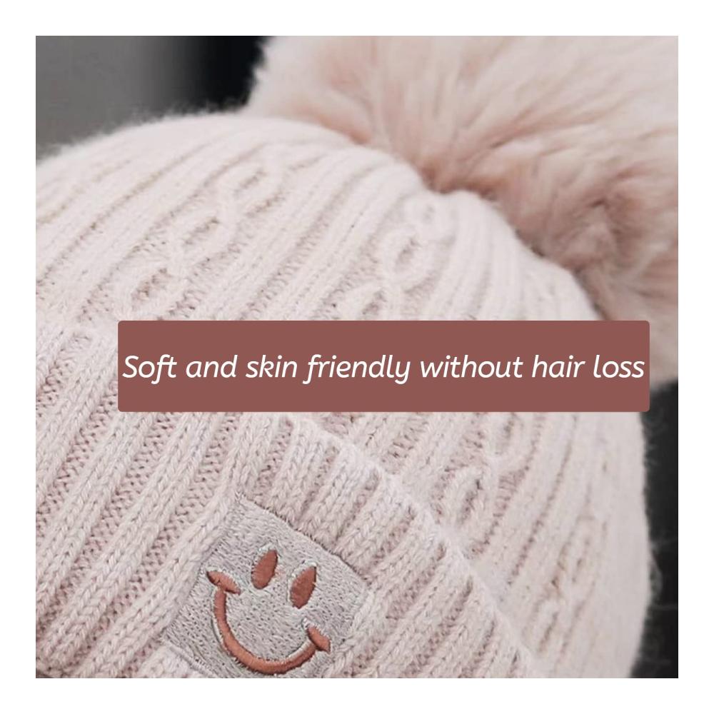 Damen Winter Strickmütze mit Weichem Innenfutter und Pompom - Warme Schneemütze in Dicker Strickoptik