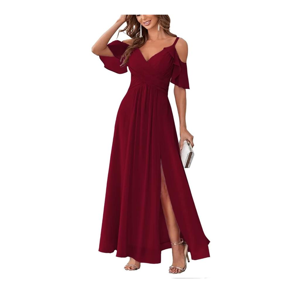 Abendkleider Damen lang – Elegante A-Linie Chiffon Ballkleider mit Schulterfreiheit und Spaghetti-Trägern für formelle Anlässe