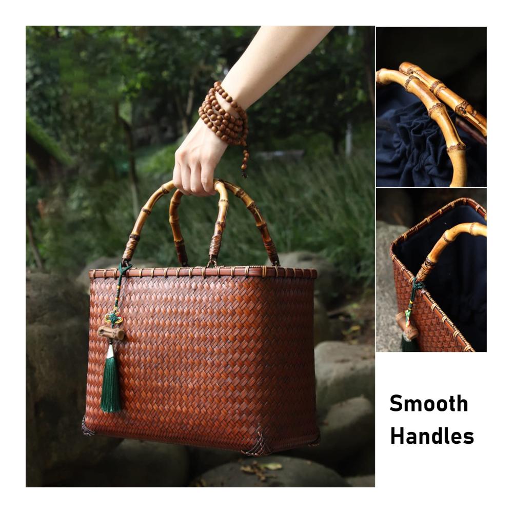 Bambus Henkeltasche im Chinesischen Stil – Handgewebte Korbtasche mit Quaste Rustikale Geldbörse für Sommer/Frühling/Herbst Urlaub – Tragetasche in 29.5x13.5x22.5 cm Größe