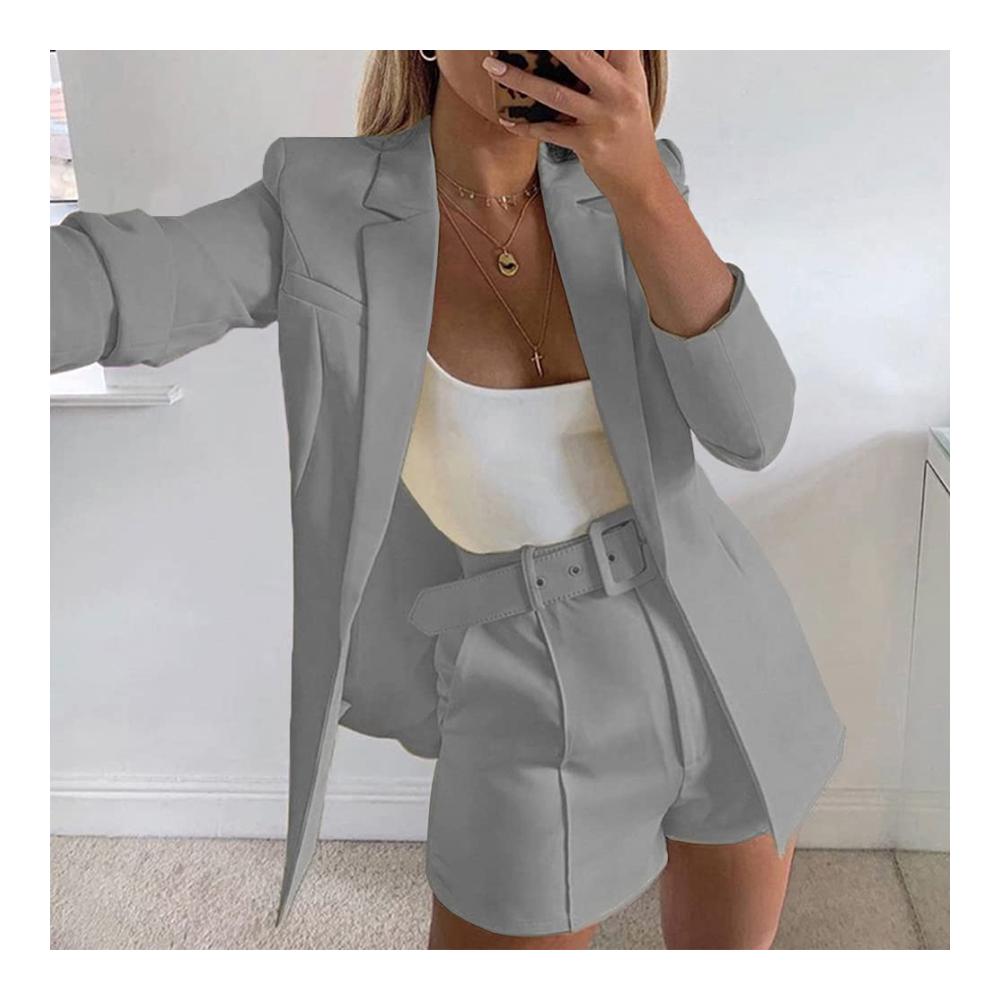 Damen Blazer Anzug Set Elegant Revers Zweiteiler für Büro & Business – Langarm Anzugjacke Slim Fit Shorts Hosenanzug mit Gürtel – Modischer Zweiteiler in Einfarbig für stilvolle Auftritte