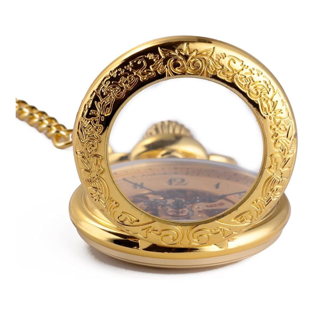 Exquisite Vintage-Taschenuhr für Herren und Damen mit dekorativem graviertem Gehäuse spezieller Lupe und goldenem Uhrwerk - Arabische Ziffern halber Jäger und inklusive Kette