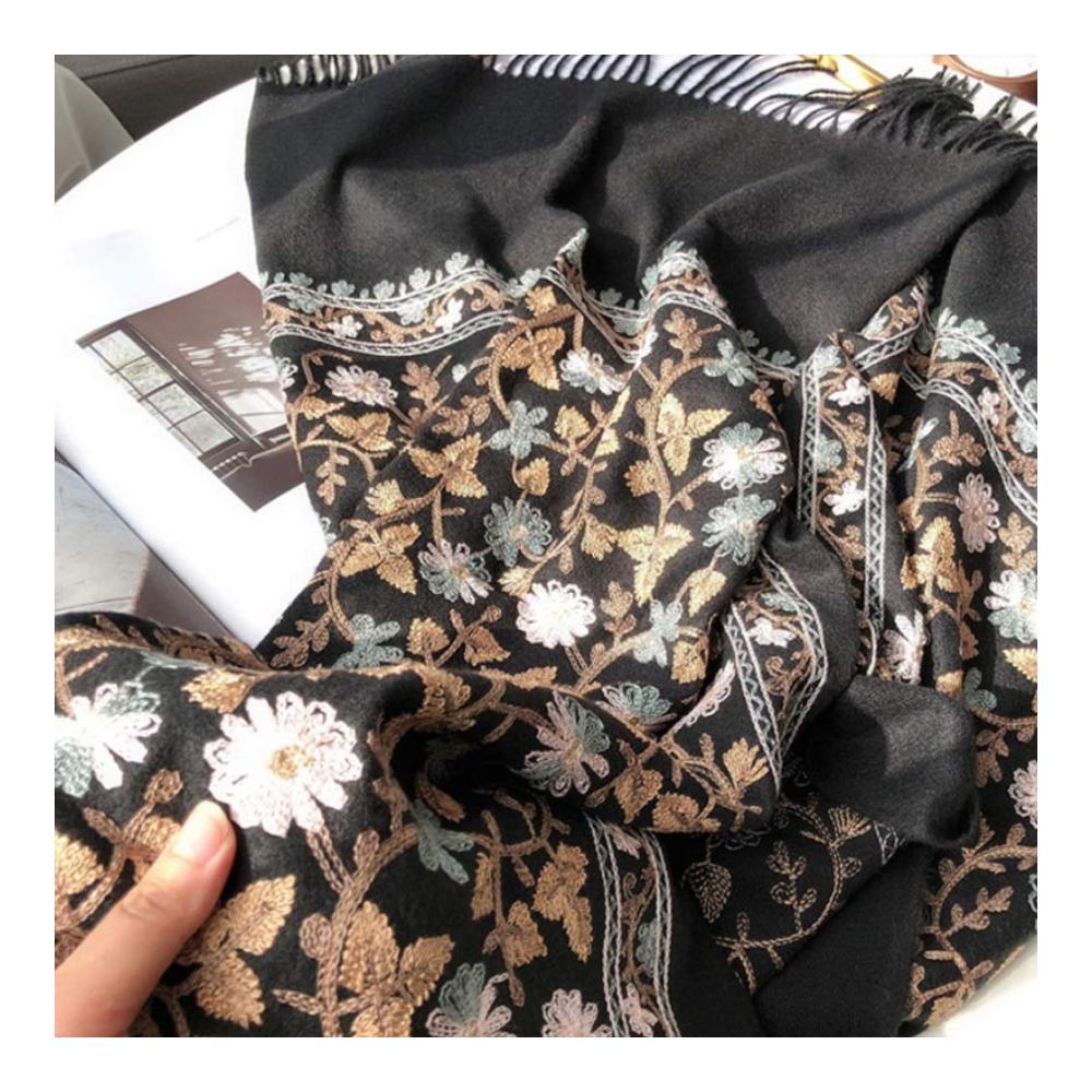 Damen Kaschmir-Schal mit Vintage-bestickten Blumen | Großer Winter-Schal in F für Damen | Warme dicke Schals für Herbst und Winter