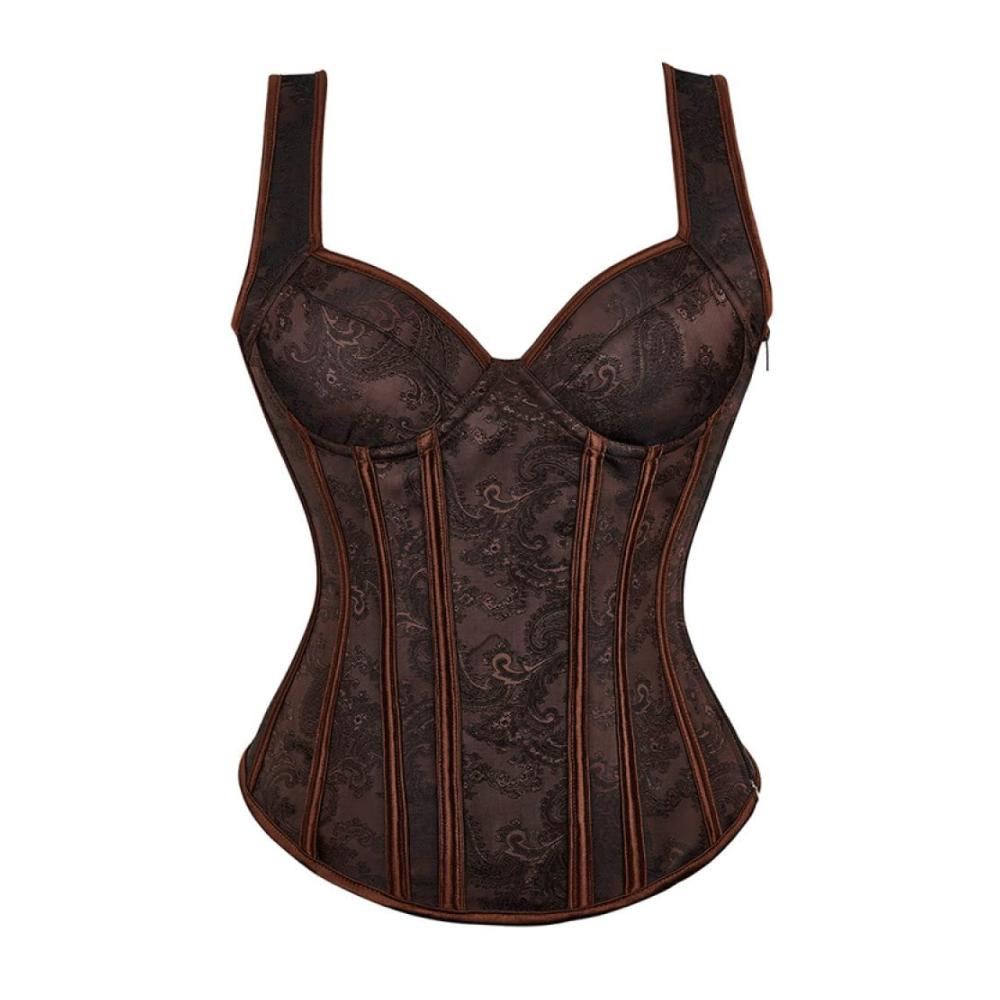 Korsagen & Bustiers Braunes Vintage Paisley Jacquard Korsett - Damen Überbrust Baskisch mit Riemen für Nachtclub Party Taille trainieren Bauchkontrolle Push-Up Shapewear