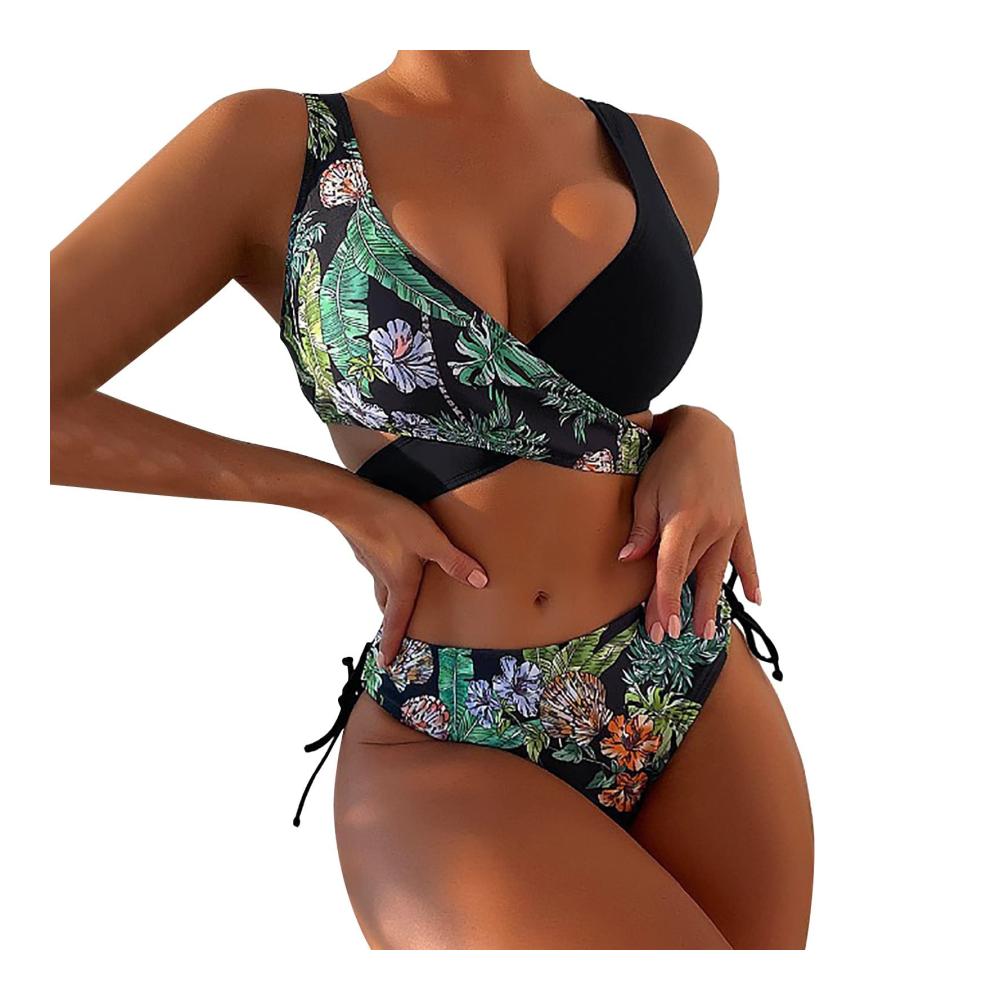 Badeanzug Damen Bauchweg Push Up Kontrastfarben Sexy Dreiecksnähte Verstellbarer Kordelzug