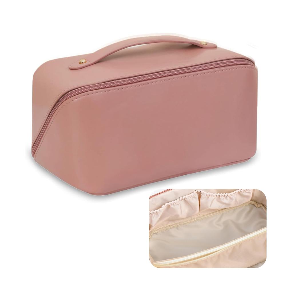 Großer Kosmetikkoffer aus PU-Leder mit Trennwand und Griff – Makeup Organizer Tasche in Rosa für Reisen und Aufbewahrung